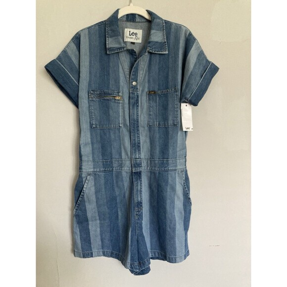 NEW Lee Union-Alls Denim Romper SMALL Striped Shortalls Utility Boho - Picture 1 of 12